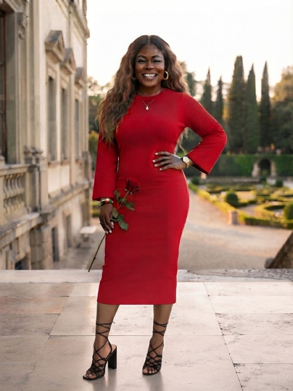 Calvin Klein Red Fitted Long-Sleeve Midi Dress
